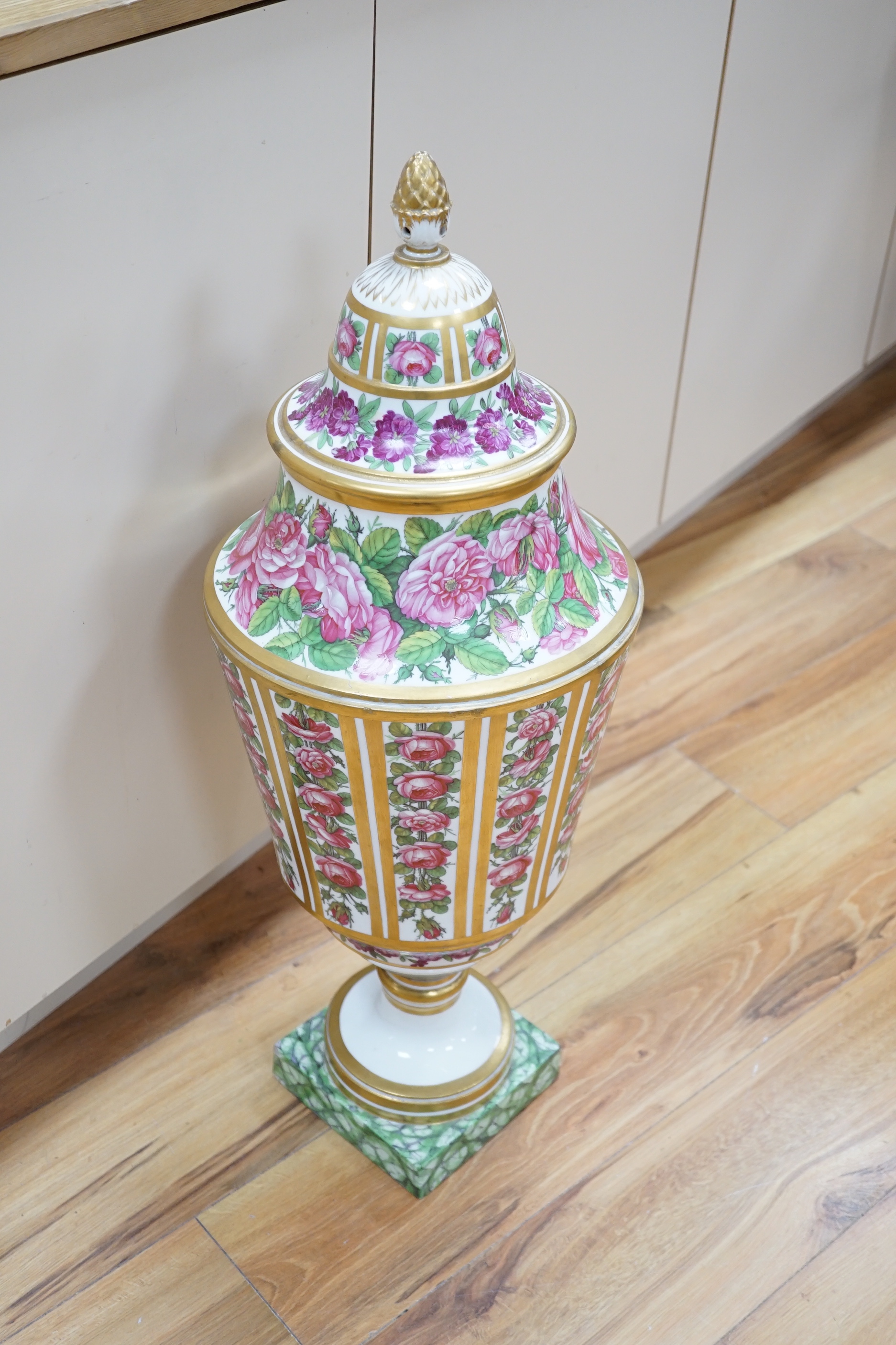A large 19th century French vase and cover gilt and floral decoration 75cm high